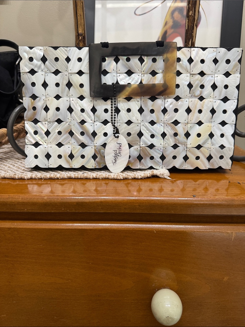 Handcrafted Twisted Penny Mother of Pearl Mosaic Statement Handbag Tortoise
